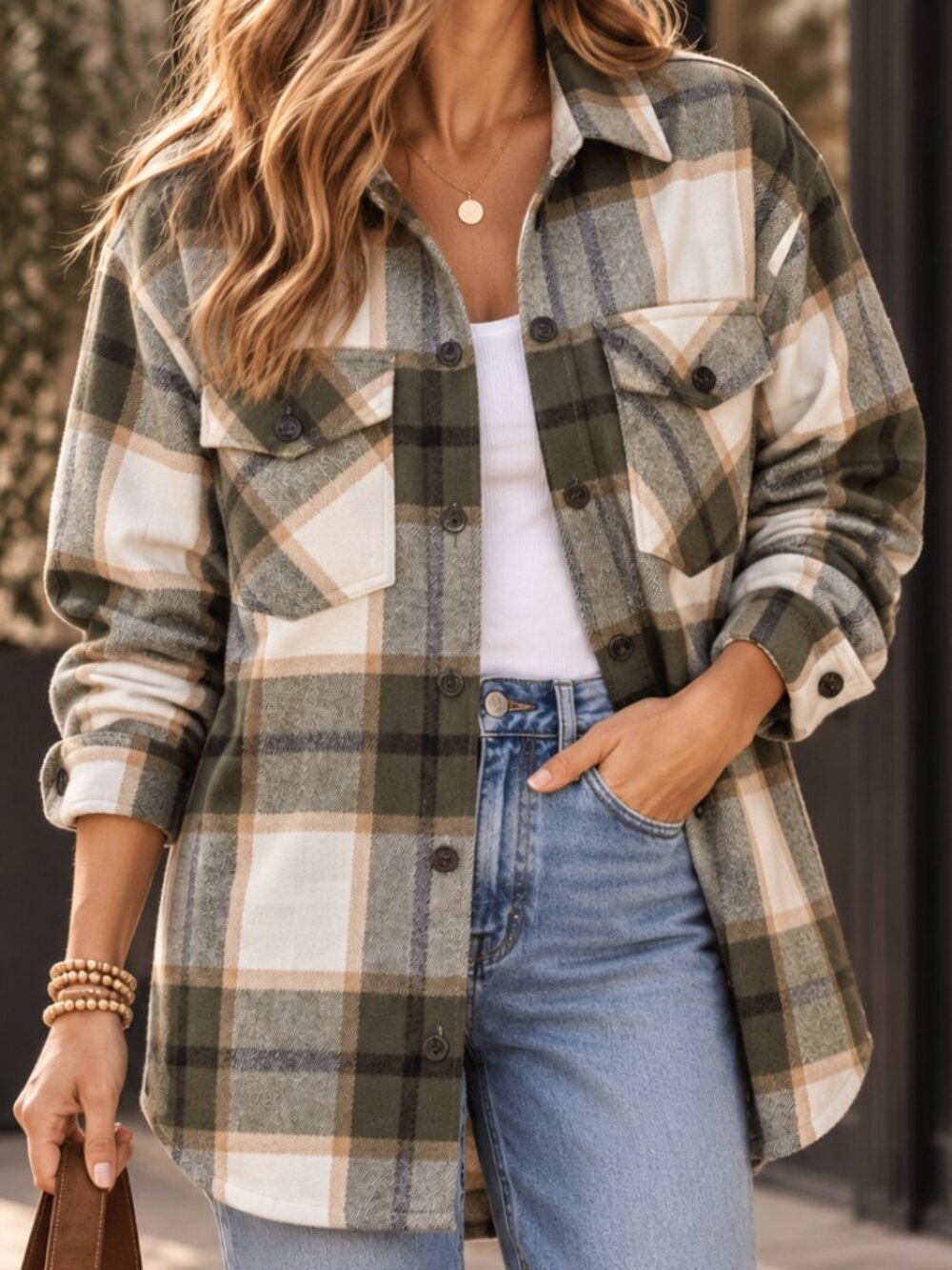 C By One Green Plaid Shacket SMALL
